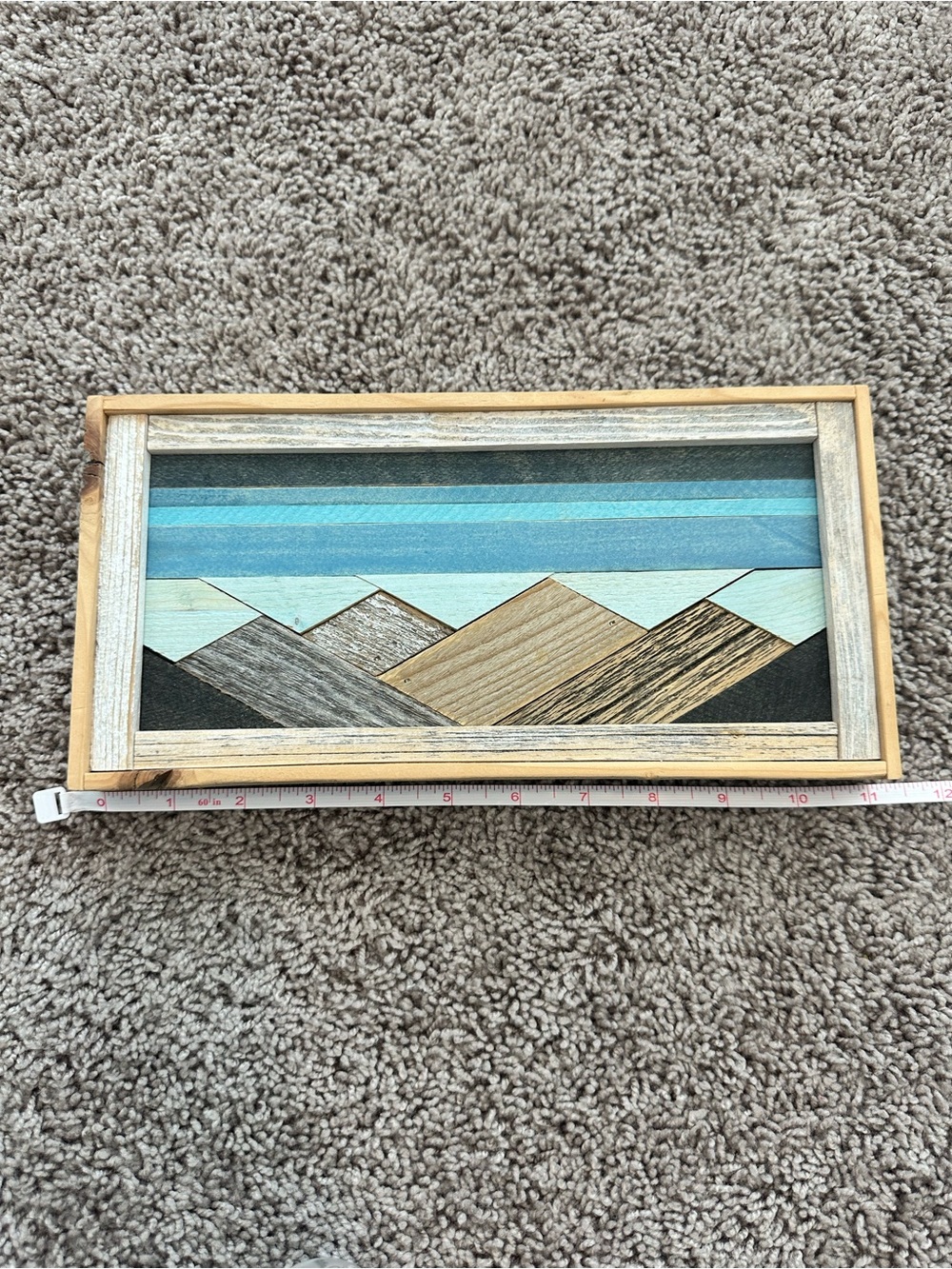 Handcrafted Mountain Wood Wall Art Sculpture in Blue and Natural Tones